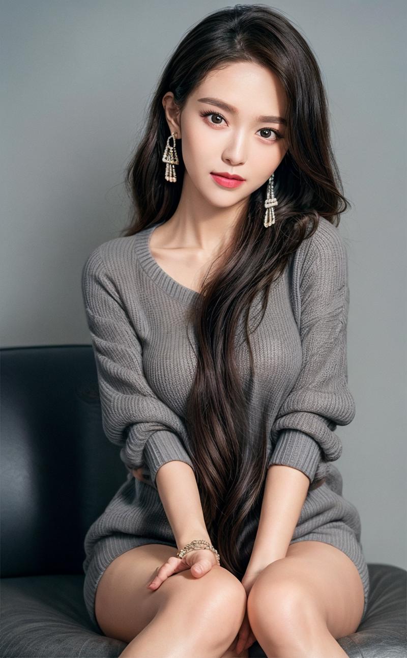 01574-4107264191-1girl, solo, long hair, earrings, jewelry, sitting, sweater, looking at viewer, head tilt, couch, hand between legs, very long h.png